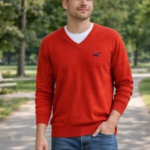 Hollister Red V-Neck Sweater L Men’s Logo Knit Classic Preppy NWT
